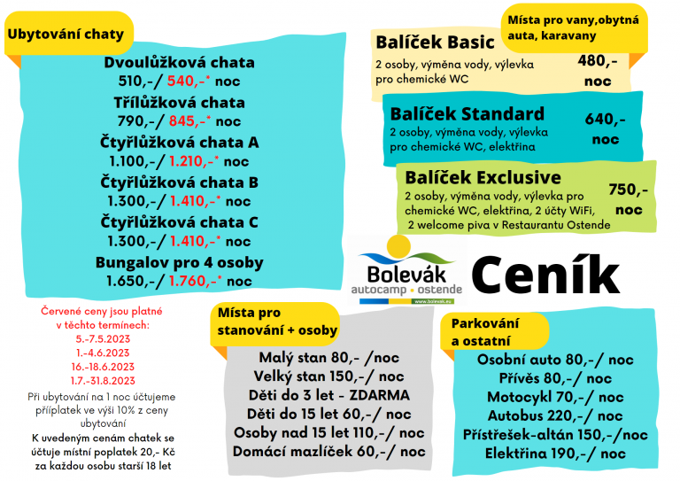 CENY UBYTOVÁNÍ 2023 AUTOCAMP OSTENDE BOLEVÁK